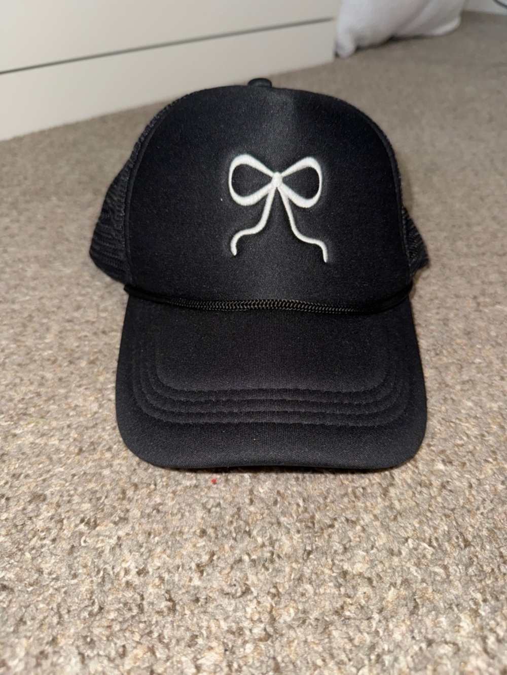Black Womens Trucker Hat with White Bow Embroidery